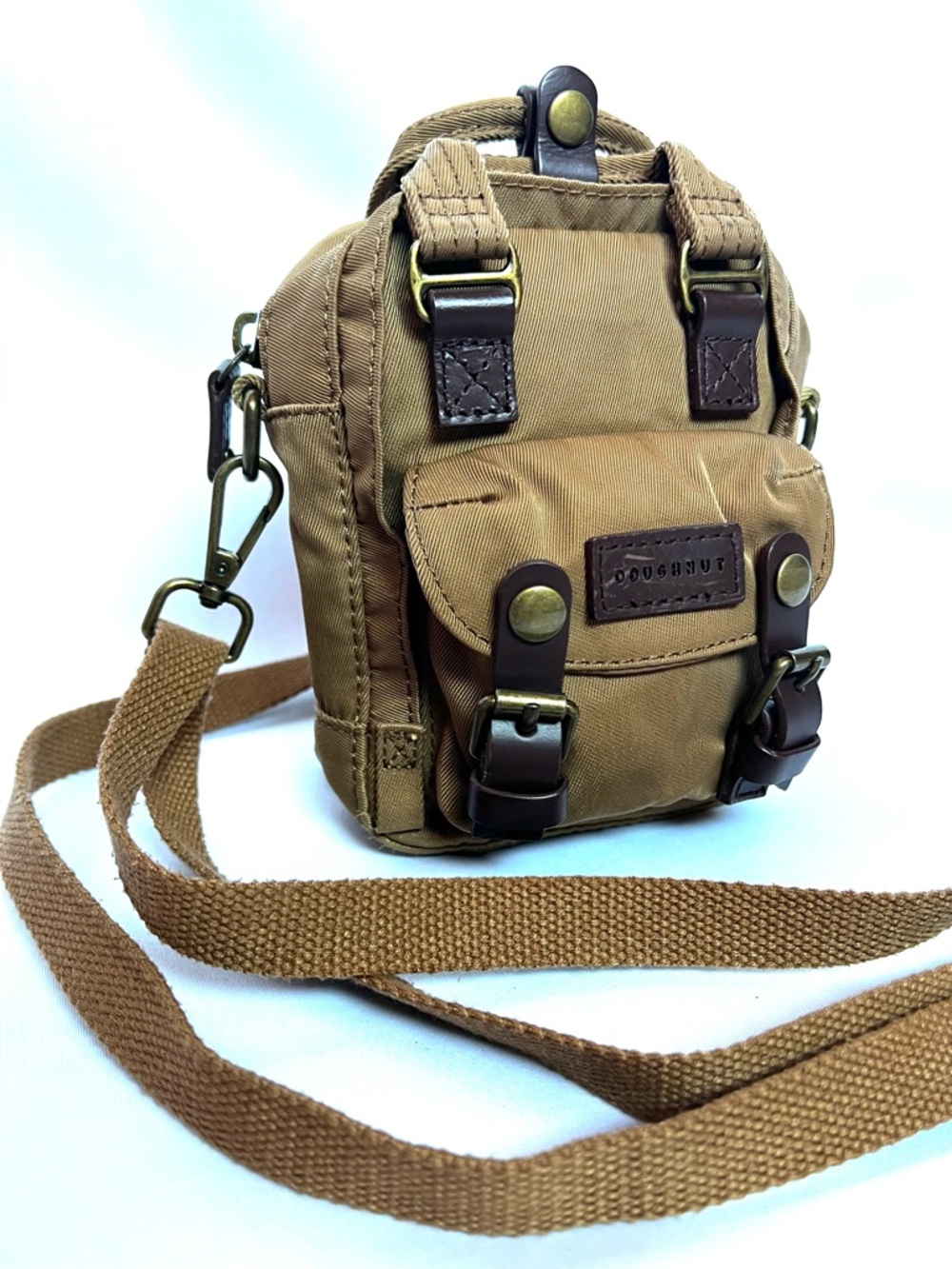 Doughnut Mini Backpack Tote Crossbody Bag Tan Canvas Utility Small